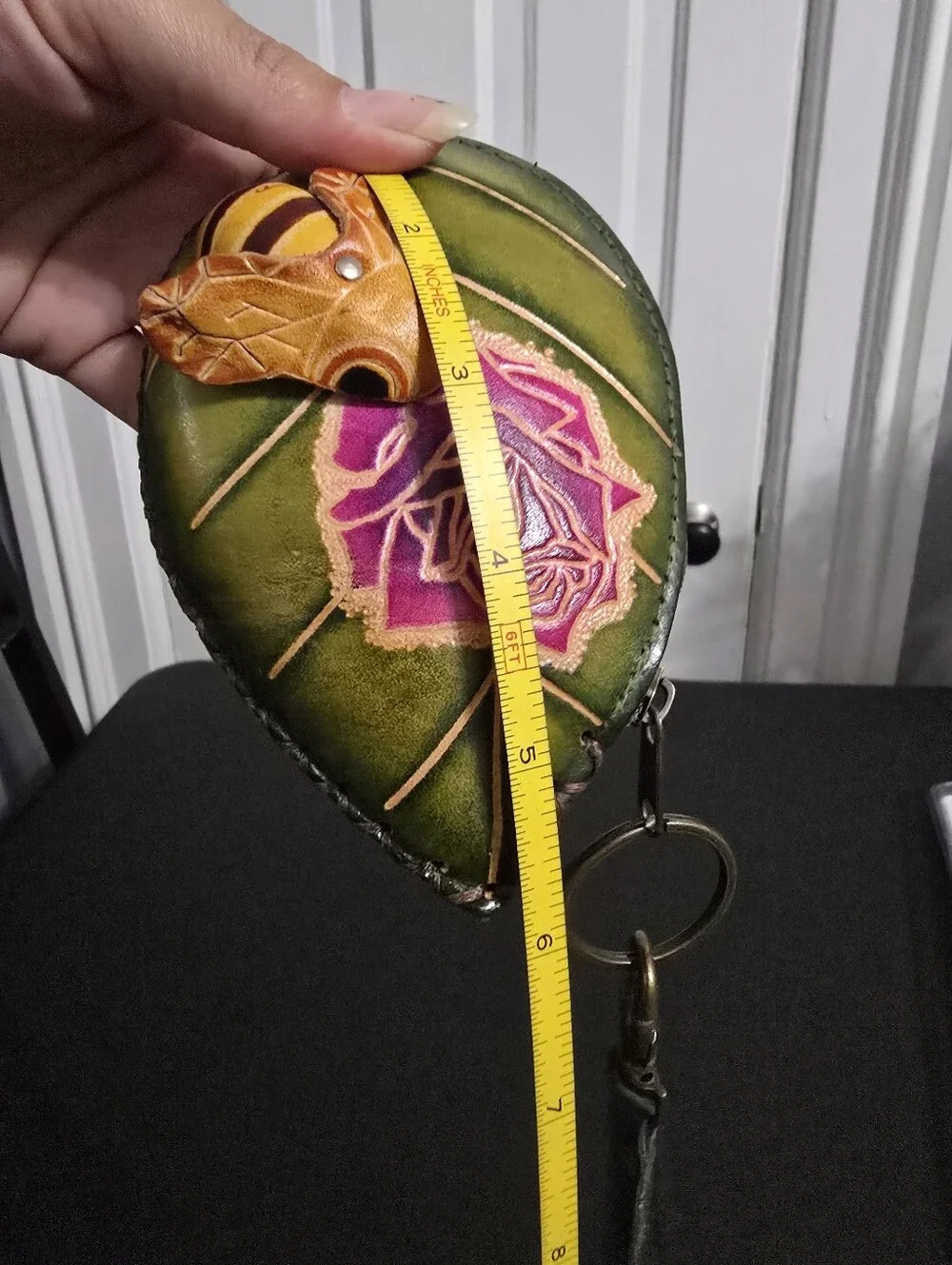 Leather Teardrop Keychain Wallet with Pink Rose and Orange Bee